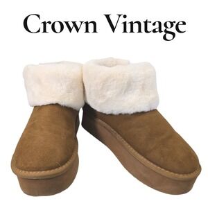 Crown Vintage Tan Faux Suede Faux Fur Lined Platform Boots‎ Women's 9.5